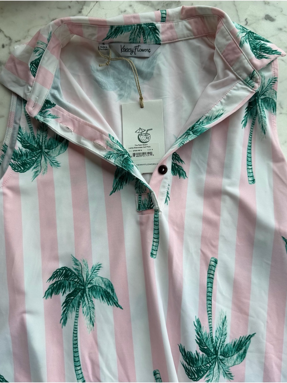 Kenny Flowers Pink & White Stripe Polo with Green Palm Print